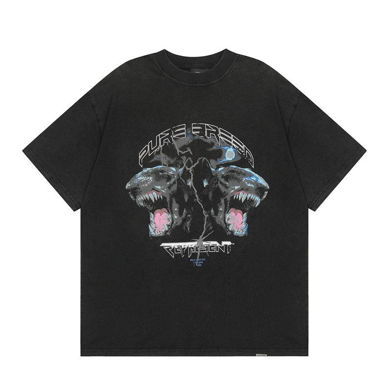 Representative Double Headed Dog Lightning Bull Terrier Washed and Used Short sleeved American High Street Loose Men's and Women's T-shirt Trendy