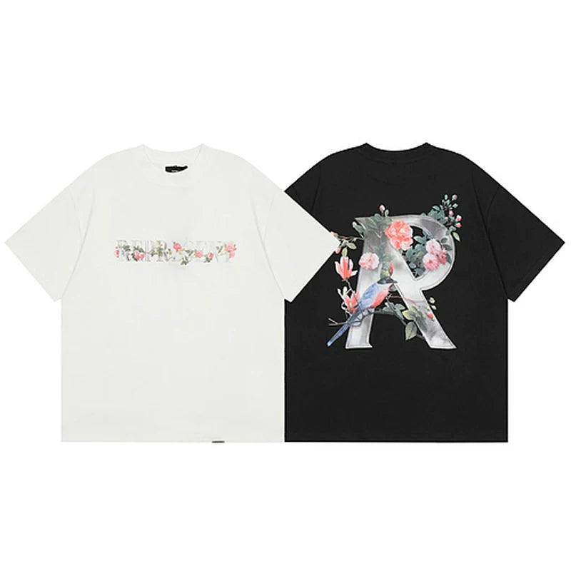Representative floral R letter short sleeved American high street casual summer cotton loose fitting couple T-shirt trend