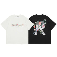 Representative floral R letter short sleeved American high street casual summer cotton loose fitting couple T-shirt trend