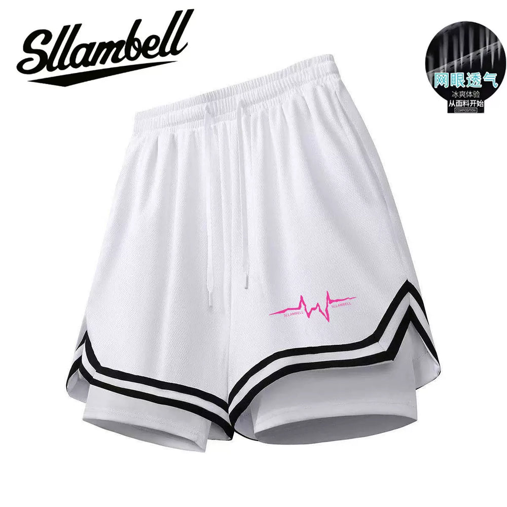 American basketball shorts lined fake two-piece three-point ice silk quick-drying knee-length running fitness training sports men summer