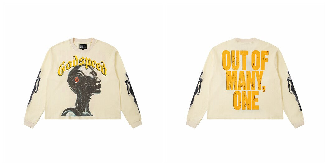 Godspeed "Out of Many, One" Cyborg Profile Graphic Beige Long Sleeve Tee