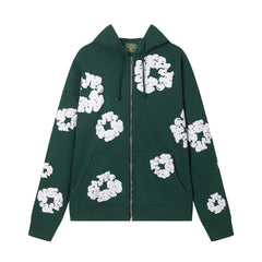"Denim Tears" Dark Green Floral Pattern Full-Zip Hoodie