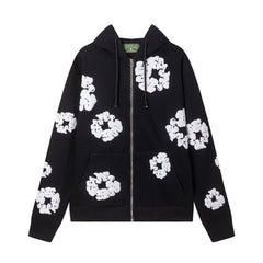 "Denim Tears" Black Floral Pattern Full-Zip Hoodie