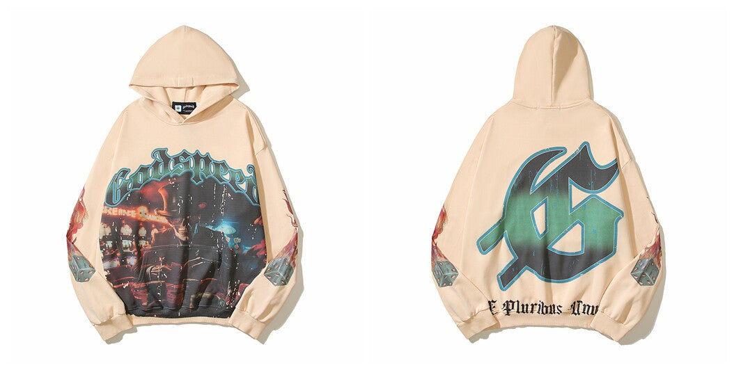 Vintage "Godspeed" Casino Dice Graphic Oversized Beige Hoodie