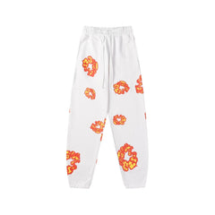 "Denim Tears" White & Red-Orange Floral Pattern Oversized Sweatpants